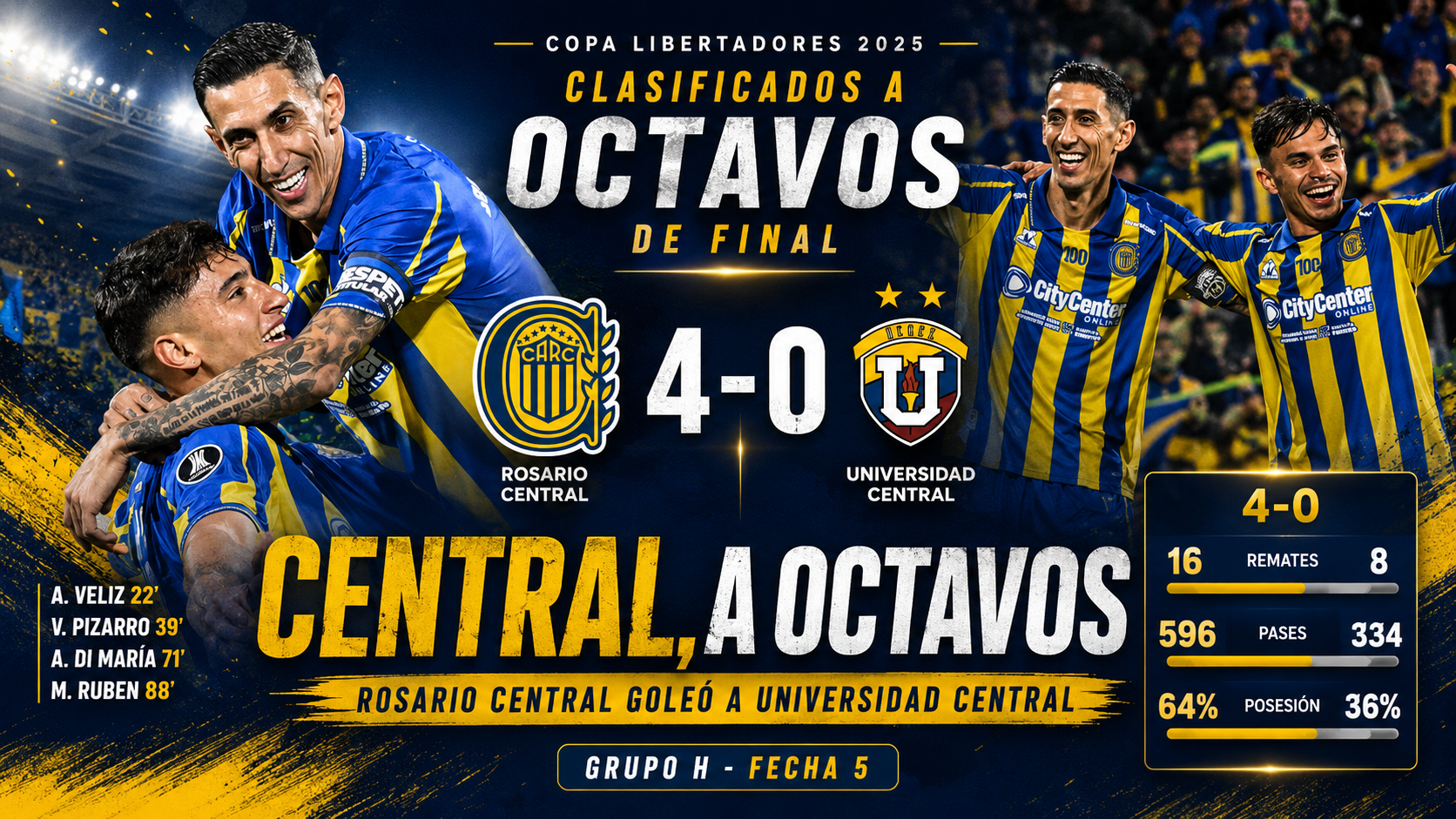 Rosario Central goleó a Universidad Central y se clasificó a octavos de la Copa Libertadores 2026.