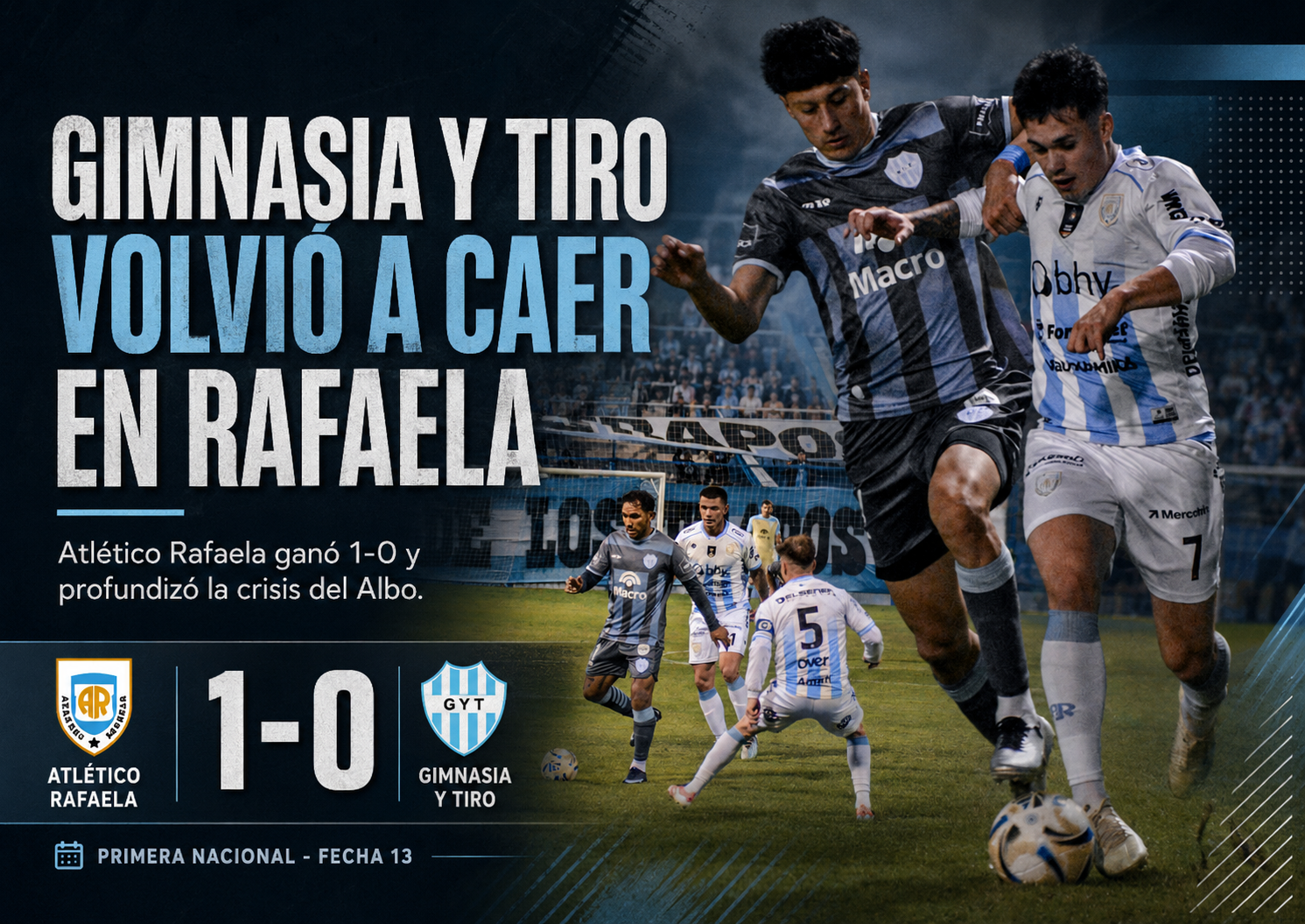Gimnasia y Tiro de Salta perdió 1-0 ante Atlético Rafaela por la fecha 13 de la Primera Nacional. Martiniano Moreno marcó el único gol.