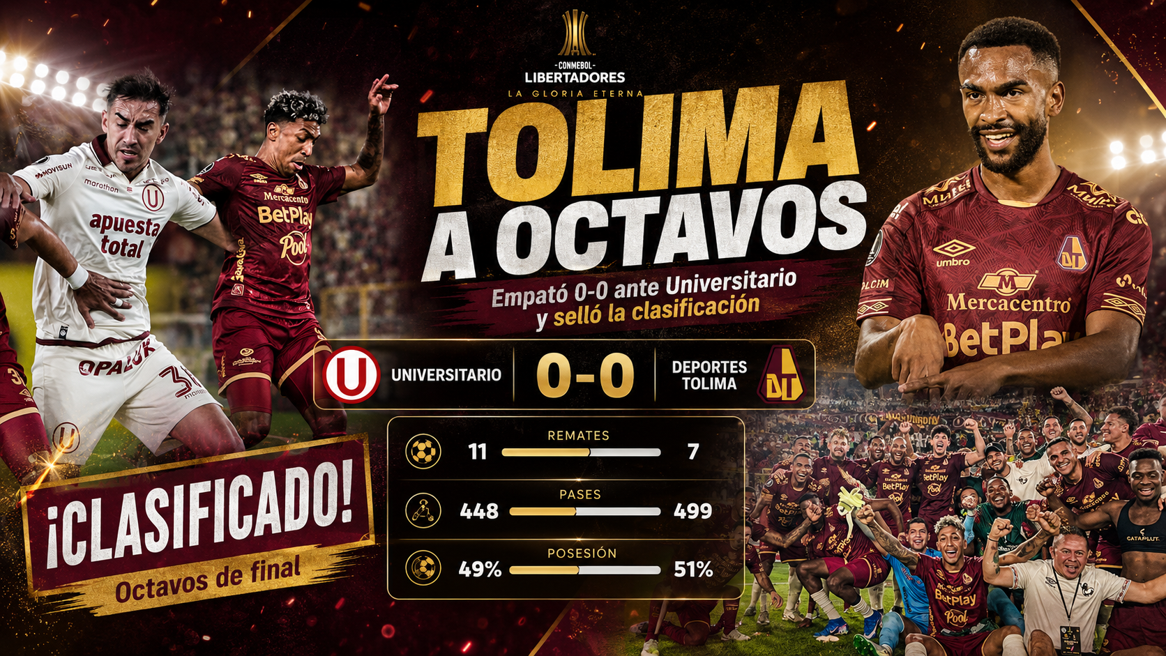Deportes Tolima empató 0-0 con Universitario y se clasificó a los octavos de final de la Libertadores. El equipo peruano quedó eliminado