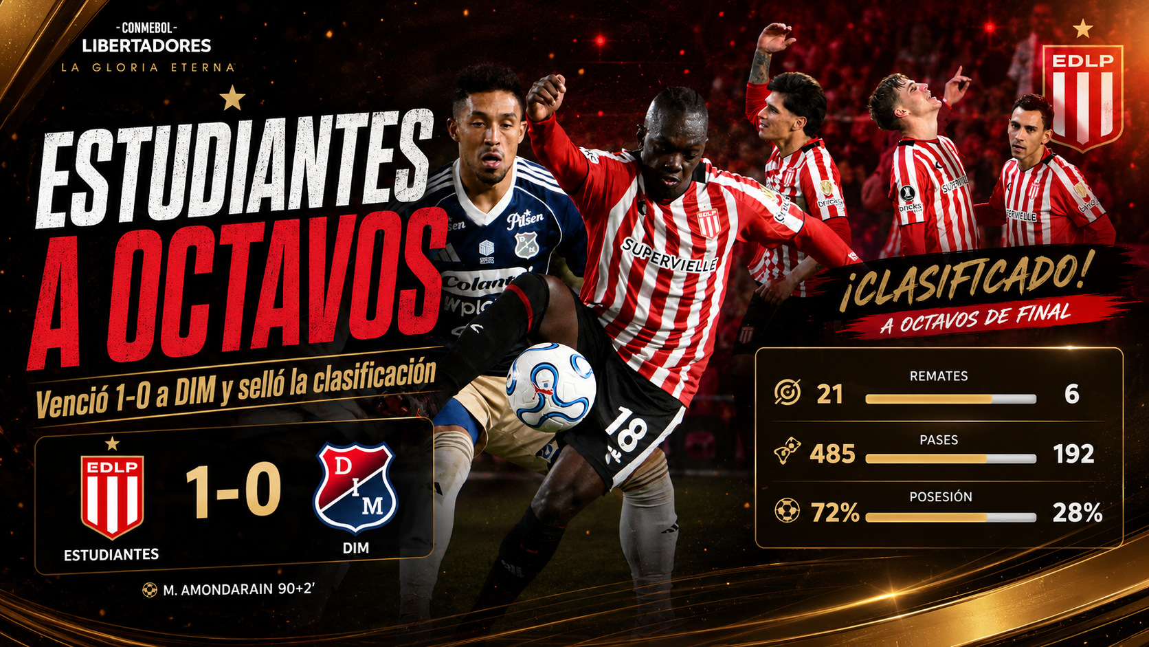 Estudiantes derrotó 1-0 a Independiente Medellín con un gol agónico de Mikel Amondarain y clasificó a los octavos de final de la Copa Libertadores.