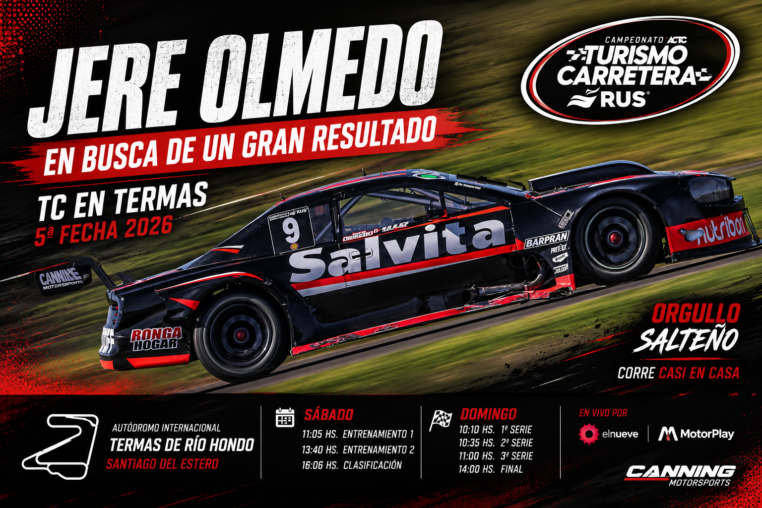 Jeremías Olmedo afronta una fecha clave del Turismo Carretera en Termas de Río Hondo. El piloto salteño buscará volver a pelear adelante con el Torino del Canning Motorsports.