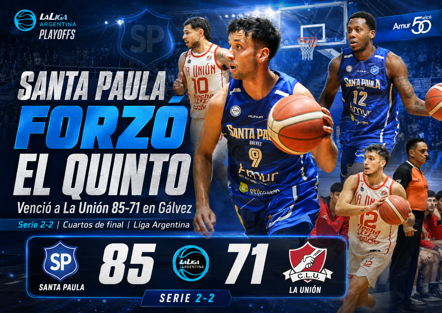 Santa Paula venció a La Unión por 85 a 71 en Gálvez, igualó la serie 2-2 y forzó un quinto juego en Colón por los cuartos de final