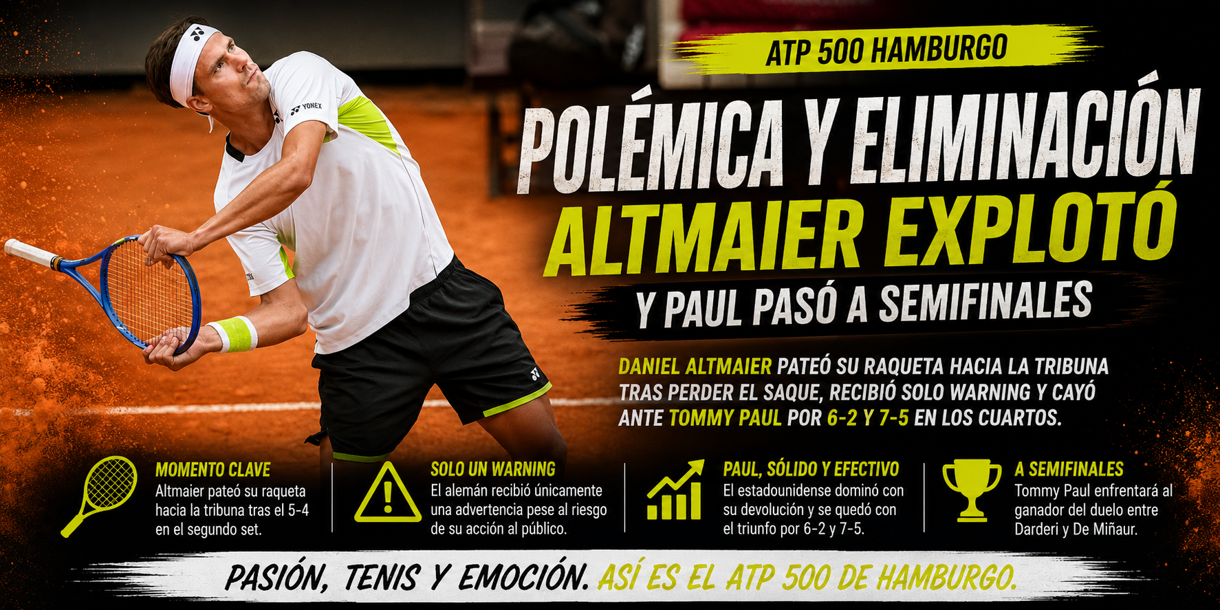Daniel Altmaier pateó su raqueta hacia la tribuna y cayó ante Tommy Paul en los cuartos del ATP 500 de Hamburgo.