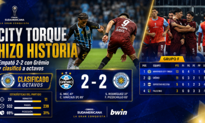 Montevideo City Torque empató 2-2 ante Gremio en Brasil y clasificó a octavos de la CONMEBOL Sudamericana como líder del Grupo F.