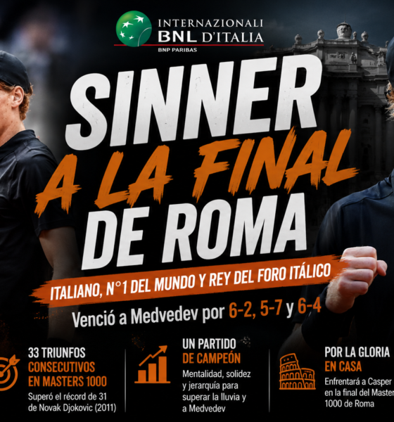 Jannik Sinner en Roma venció a Daniil Medvedev por 6-2, 5-7 y 6-4 y jugará la final del Masters 1000 ante Casper Ruud.
