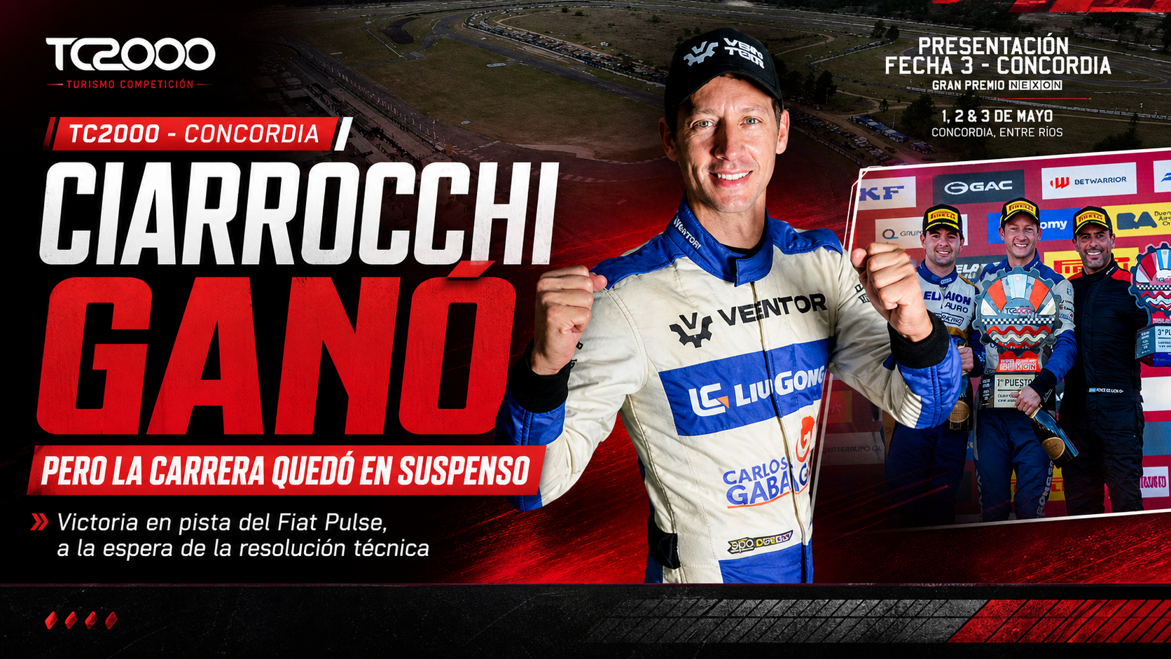 Marcelo Ciarrocchi ganó de punta a punta la final del TC2000 en Concordia con el Fiat Pulse, pero la carrera quedó en suspenso por técnica