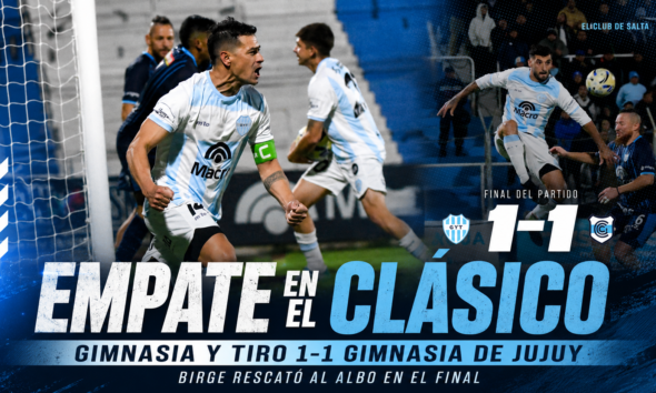 Gimnasia y Tiro empató 1-1 ante Gimnasia de Jujuy en el Clásico del Norte. Birge marcó a los 90’ y el Albo rescató un punto ante el líder.