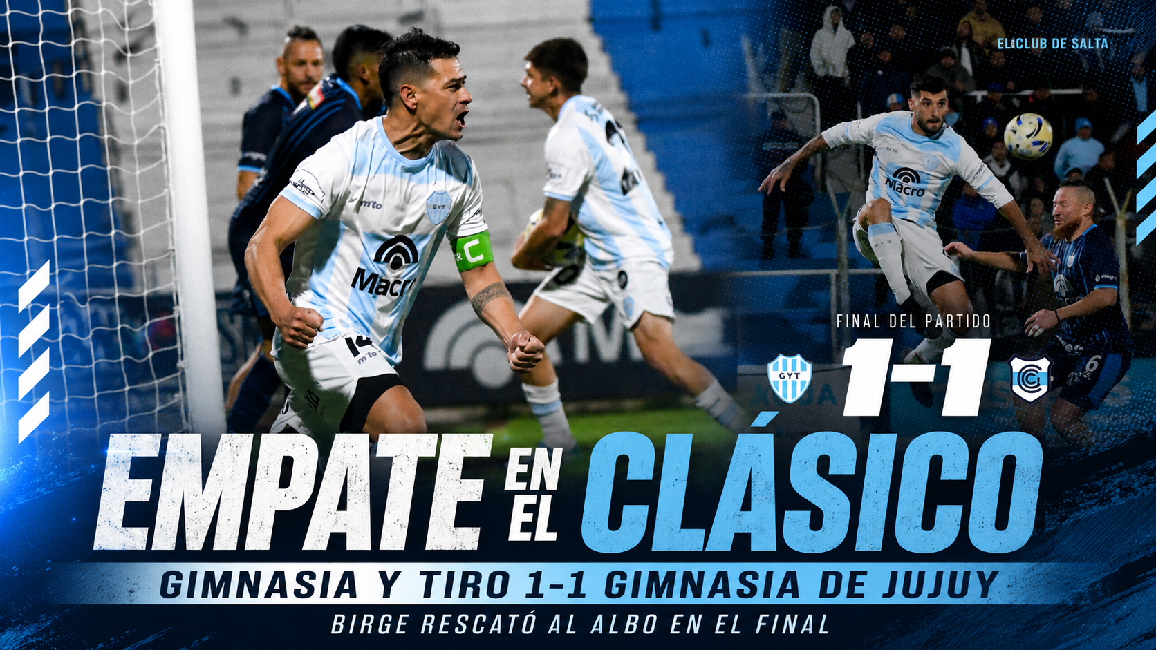 Gimnasia y Tiro empató 1-1 ante Gimnasia de Jujuy en el Clásico del Norte. Birge marcó a los 90’ y el Albo rescató un punto ante el líder.