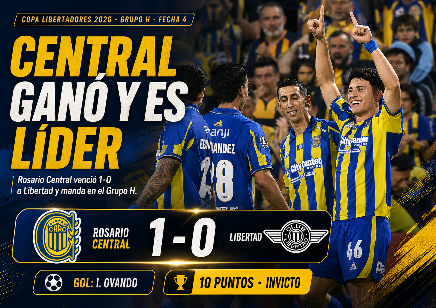Rosario Central venció 1-0 a Libertad en el Gigante de Arroyito, mantuvo su invicto y se afirmó como líder del Grupo H de la Libertadores