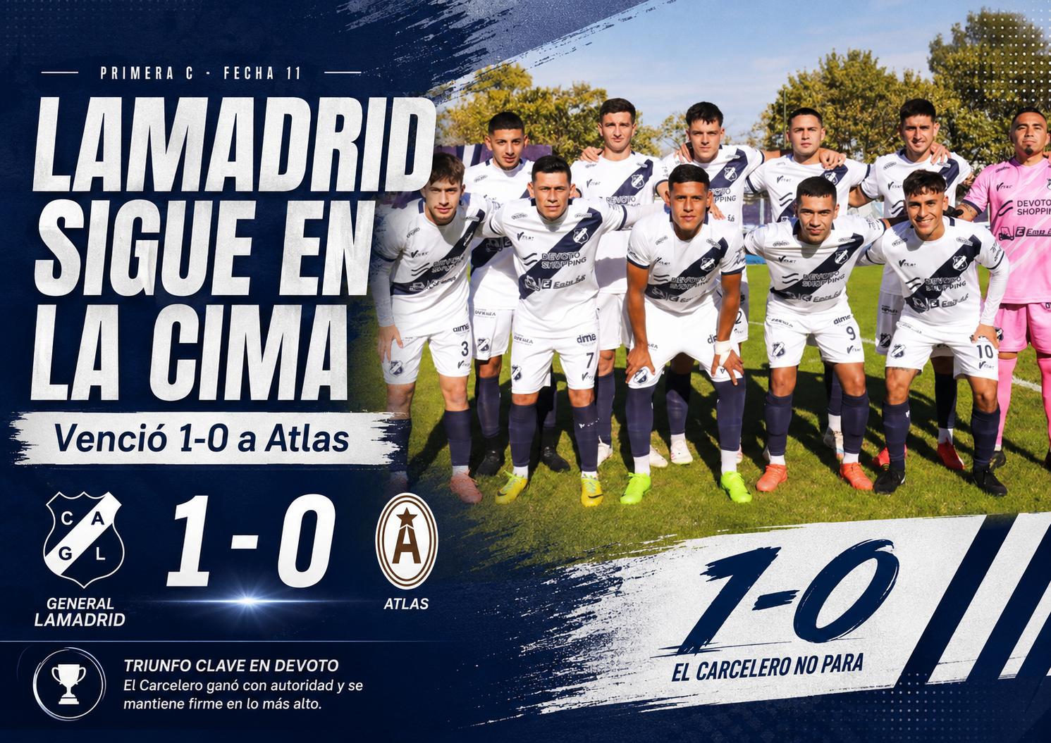 General Lamadrid venció 1-0 a Atlas en Devoto con gol de Luan Carusso y seguirá como líder absoluto de la Zona B de la Primera C.