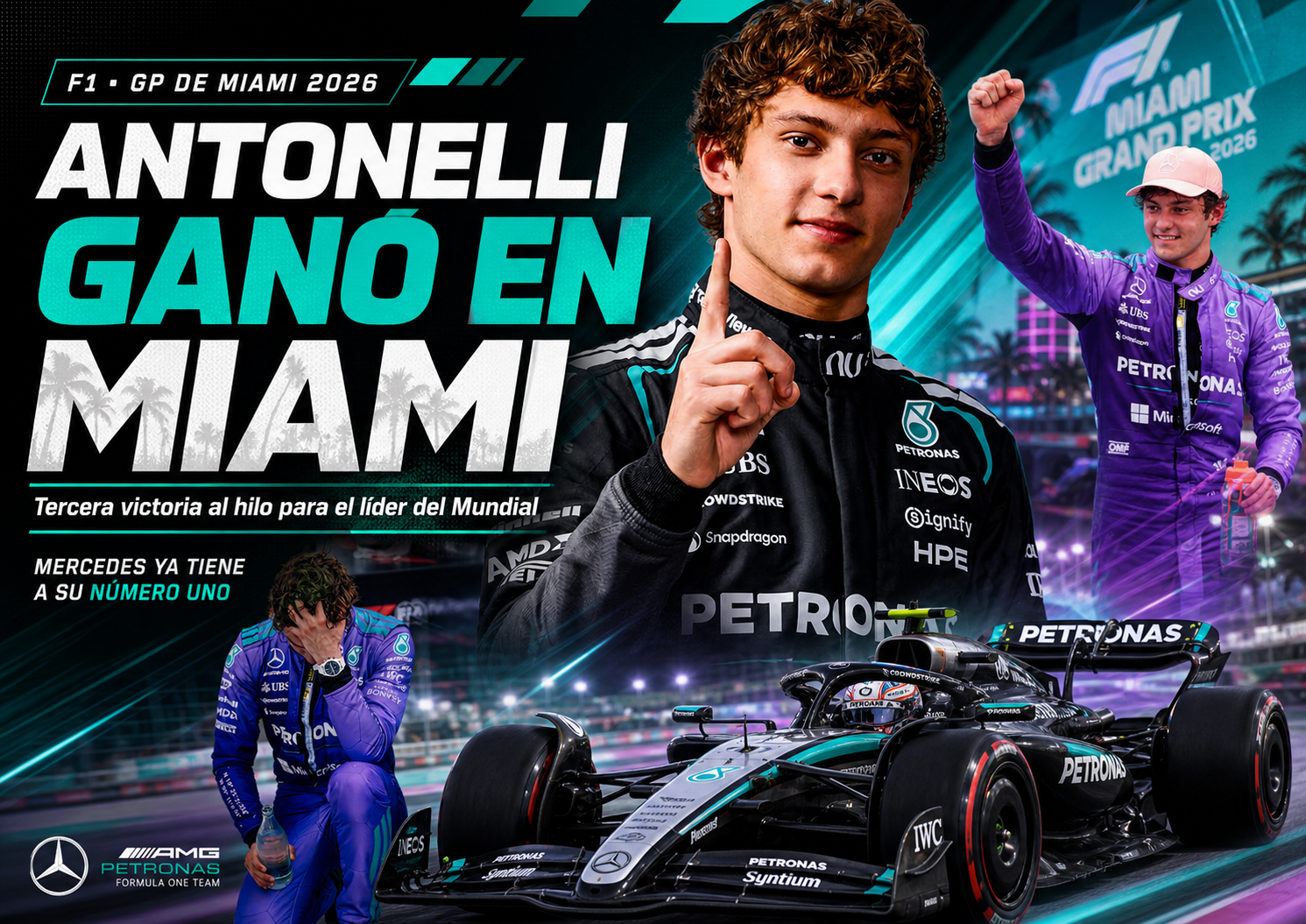 Kimi Antonelli ganó el GP de Miami 2026, consiguió su tercera victoria consecutiva y estiró su ventaja en el Mundial. El italiano de Mercedes aguantó a los McLaren
