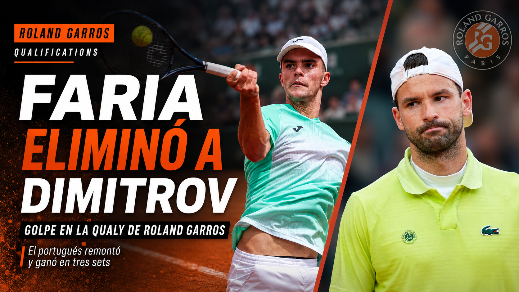 Jaime Faria venció a Grigor Dimitrov por 3-6, 7-5 y 7-6 (6) en la qualy de Roland Garros 2026 y agravó la crisis del búlgaro.