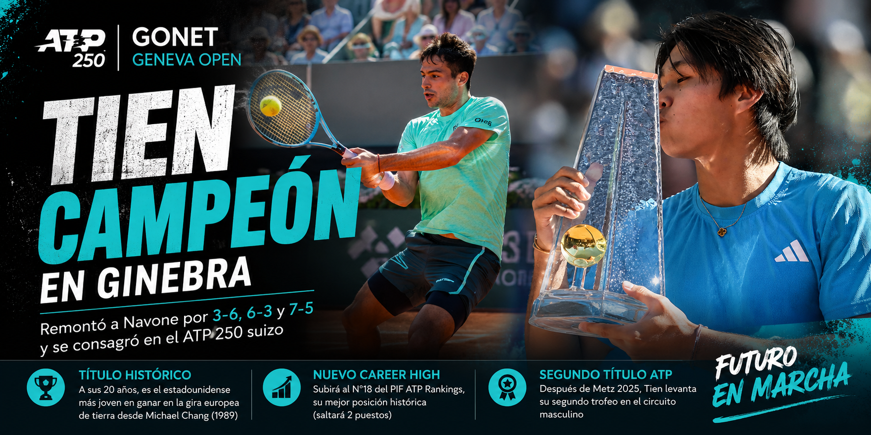 Tien remontó ante Navone por 3-6, 6-3 y 7-5 y ganó el ATP 250 de Ginebra en una final histórica.
