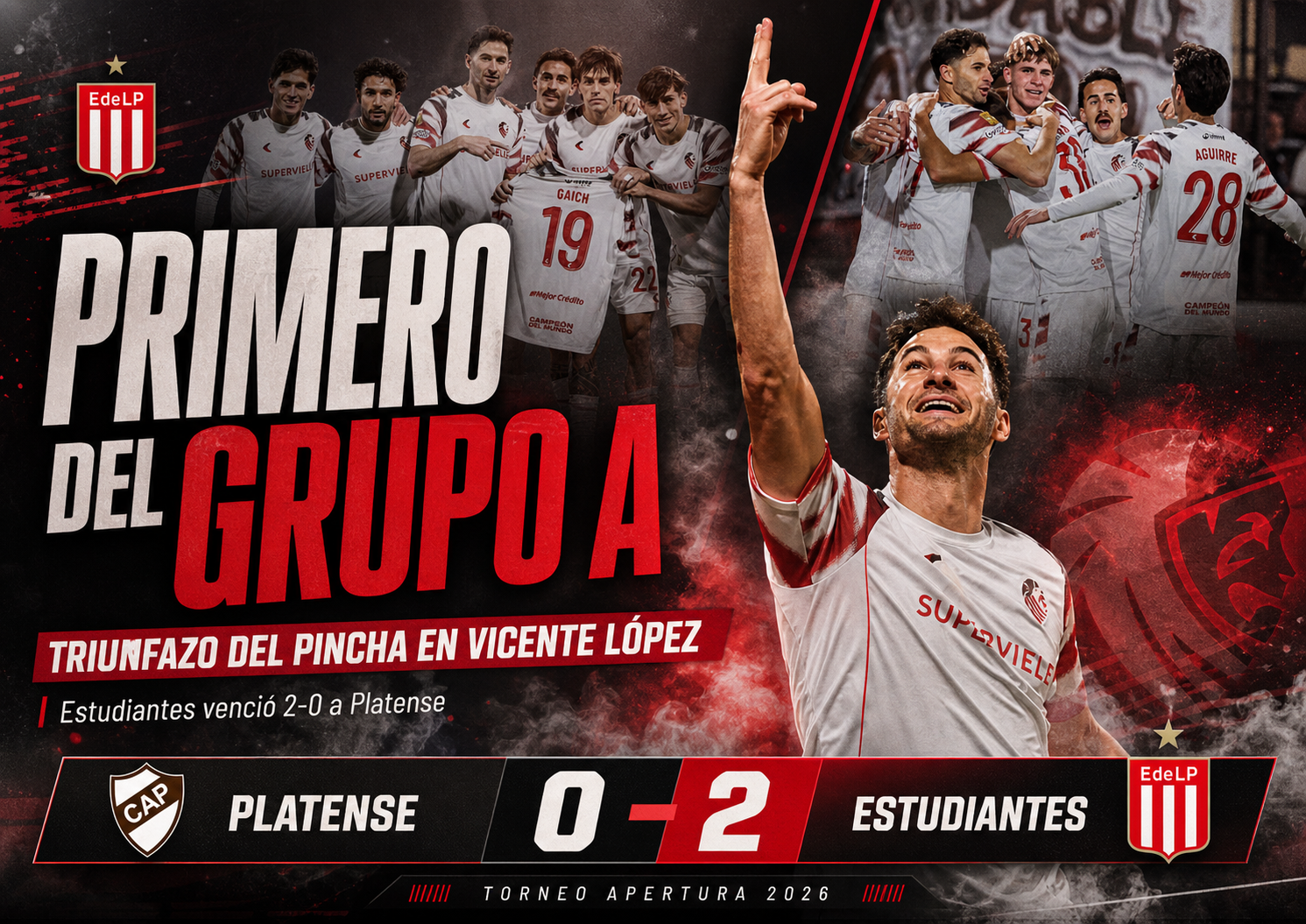 Estudiantes de La Plata venció 2-0 a Platense en Vicente López con goles de Alexis Castro y Lucas Alario. El Pincha llegó a 31 puntos, superó a Boca y terminó como líder de la Zona A del Torneo Apertura 2026.