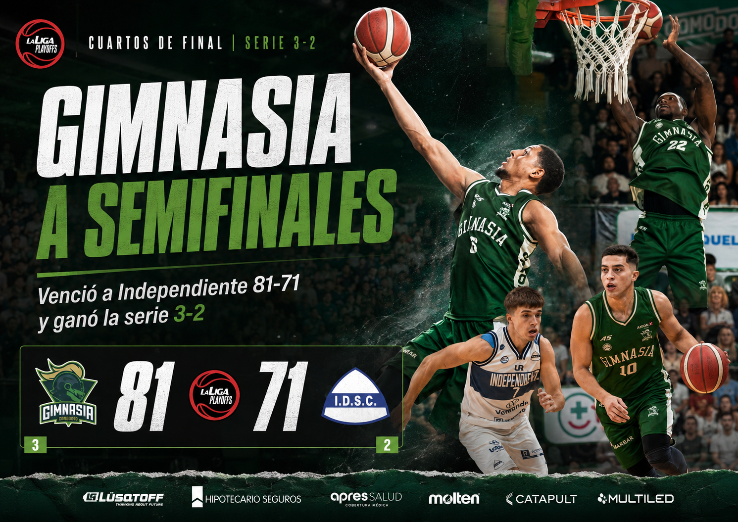 Gimnasia de Comodoro venció 81-71 a Independiente de Oliva en el Socios Fundadores, ganó la serie 3-2 y avanzó a semifinales de la Liga