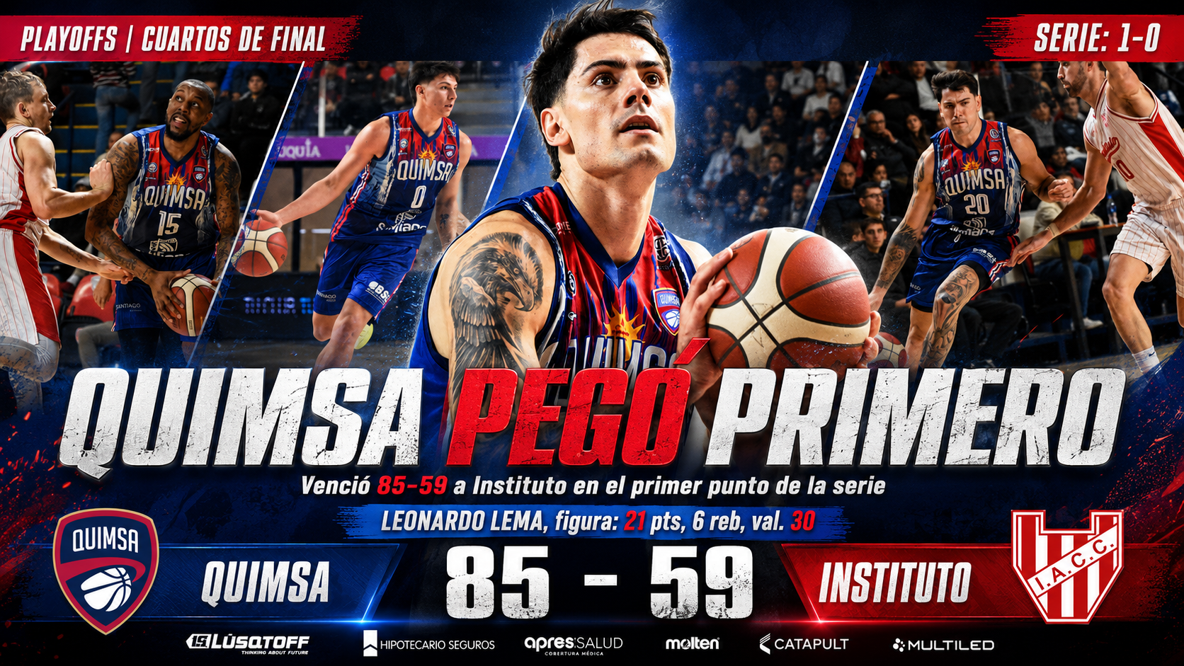 Quimsa venció 85-59 a Instituto en el Estadio Ciudad, se quedó con el primer punto de la serie de cuartos de final y arrancó 1-0 arriba