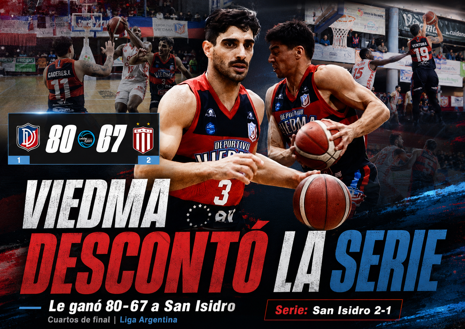 Deportivo Viedma derrotó a San Isidro por 80 a 67 en el Cayetano Arias, descontó la serie 1-2 y forzó un cuarto juego en los cuartos de final