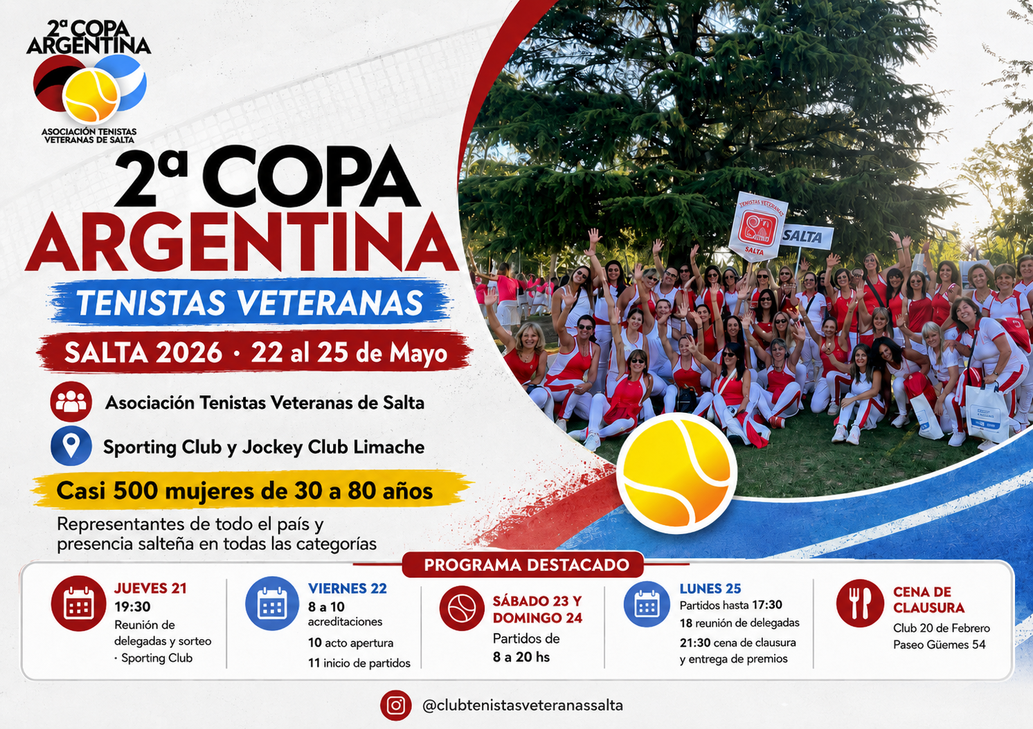 Salta será sede de la 2ª Copa Argentina de Tenistas Veteranas, del 22 al 25 de mayo de 2026, con casi 500 mujeres de todo el país.