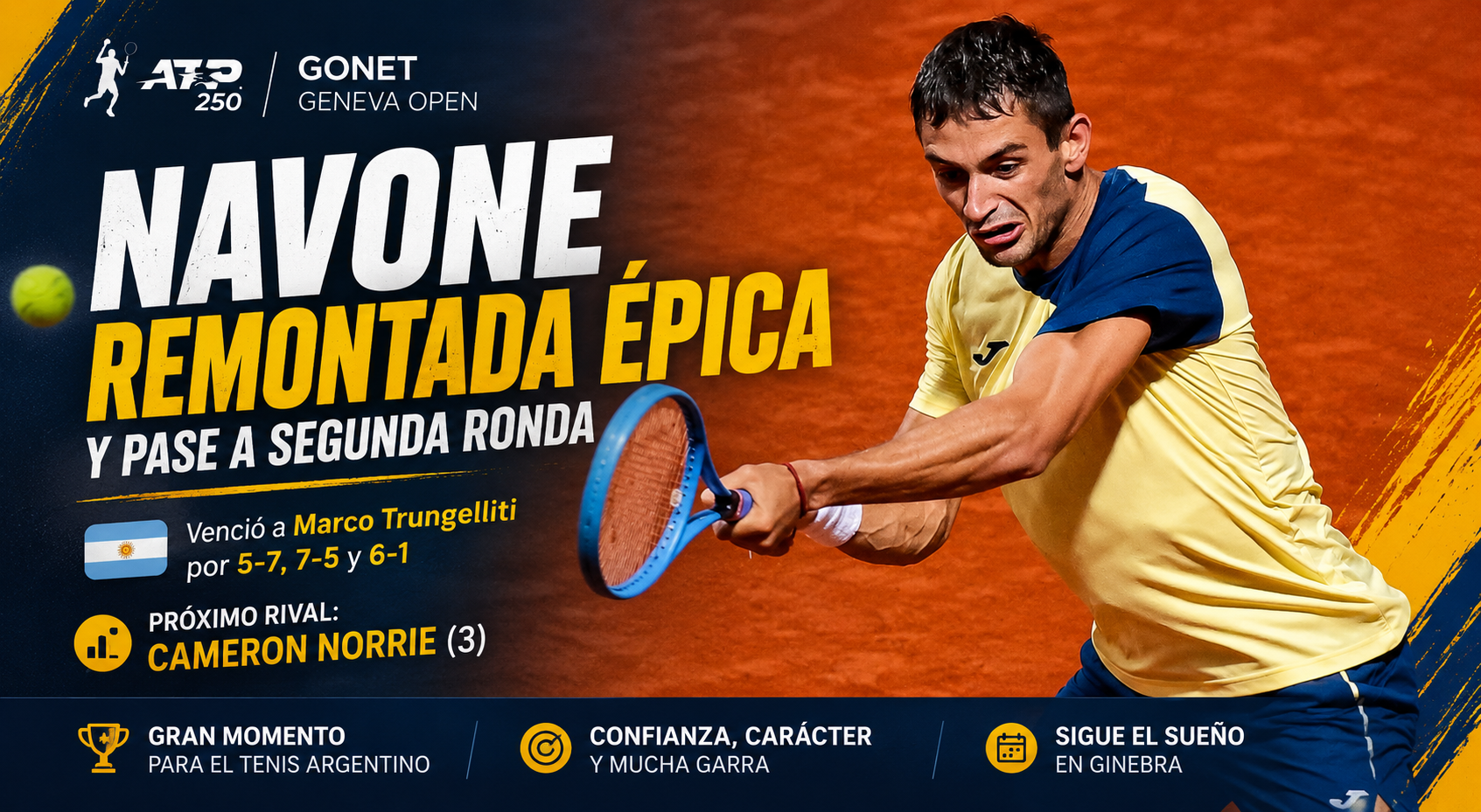 Navone remontó ante Trungelliti en el ATP 250 de Ginebra y avanzó a segunda ronda, donde enfrentará a Cameron Norrie.