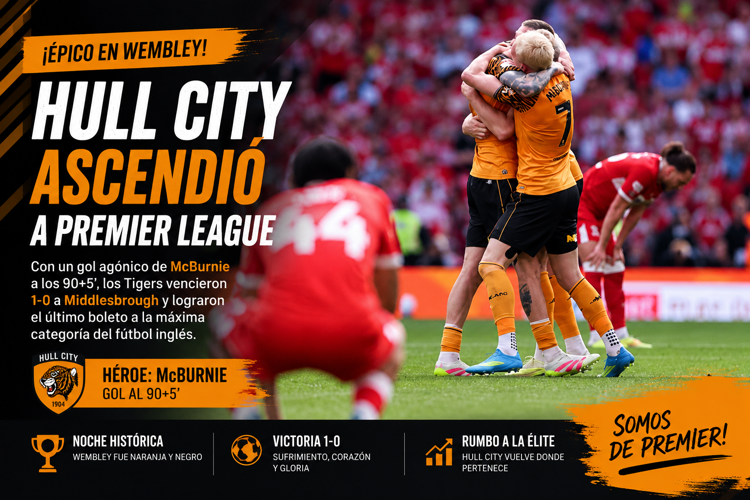 Hull City venció 1-0 a Middlesbrough en Wembley y ascendió a Premier League con un gol agónico de McBurnie.