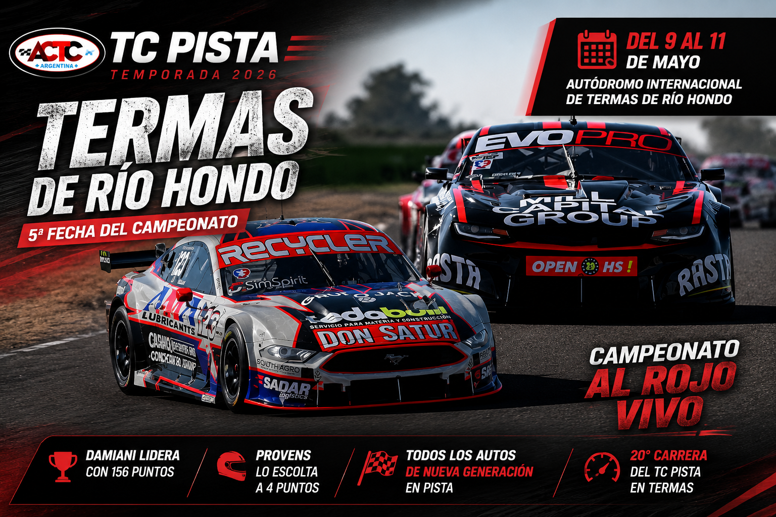 El TC Pista llega a Termas de Río Hondo para disputar la quinta fecha de la temporada 2026. Bautista Damiani lidera el campeonato