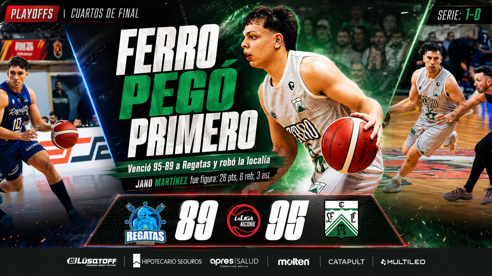 Ferro Carril Oeste venció 95-89 a Regatas, se quedó con el primer juego de cuartos de final de la Liga Nacional y robó la ventaja de localía.