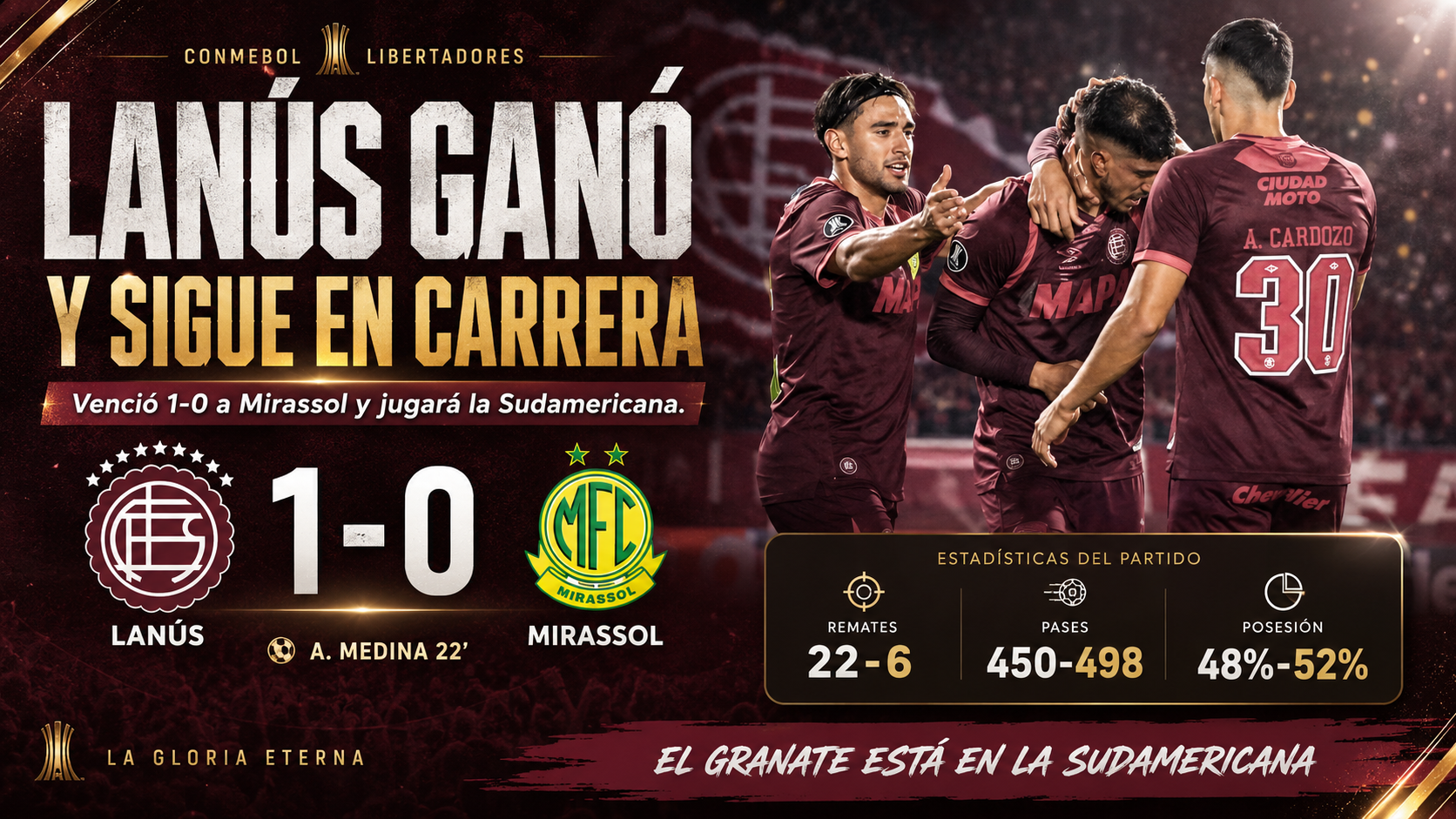 Lanús venció 1-0 a Mirassol, quedó eliminado de la Copa Libertadores, pero aseguró el tercer puesto del Grupo G y jugará la Sudamericana.