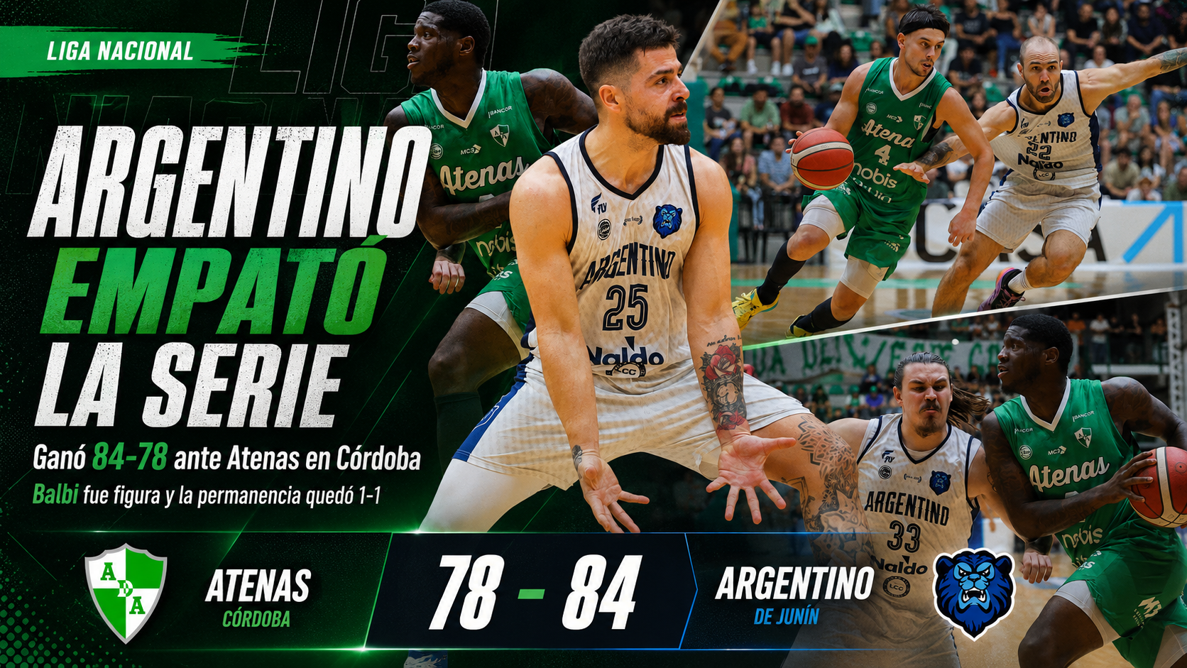 Argentino de Junín venció a Atenas por 84-78 en Córdoba, empató 1-1 la serie por la permanencia y definirá el tercer y cuarto punto en Junín.