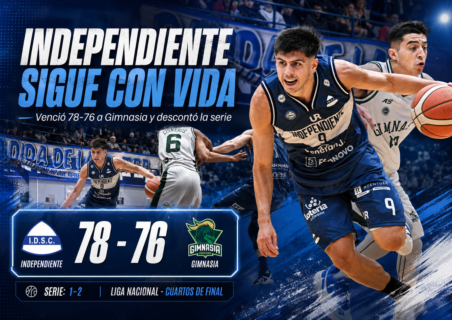 Independiente de Oliva venció 78-76 a Gimnasia de Comodoro Rivadavia en el Gigante de la Ruta 9, descontó la serie 2-1 y sigue con vida