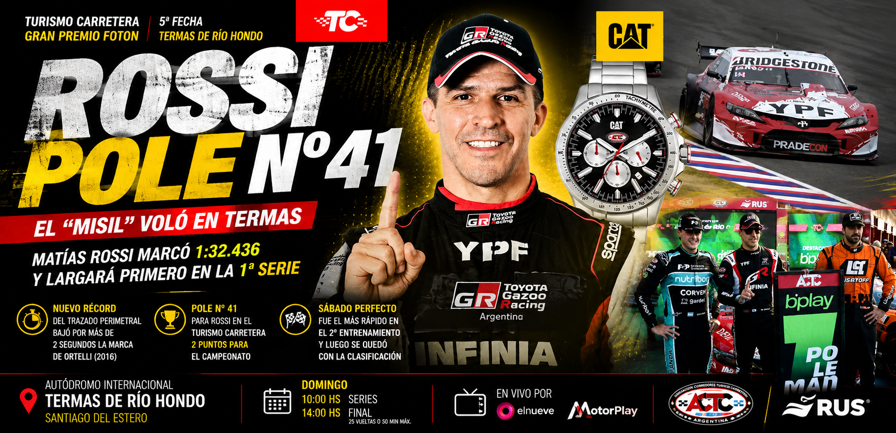 Matías Rossi logró la pole del TC en Termas de Río Hondo con el Toyota Camry del Pradecon Racing. Fritzler dominó el primer entrenamiento y Rossi fue el más rápido en el segundo ensayo.