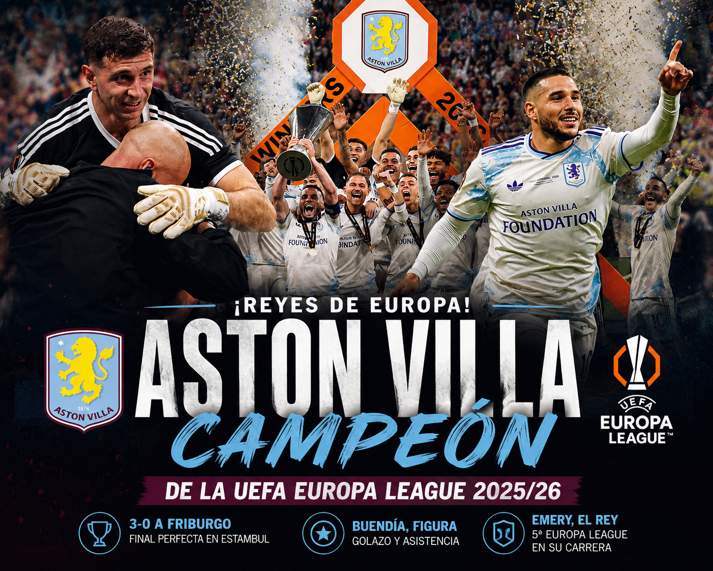 Aston Villa goleó 3-0 a Friburgo y se consagró campeón de la Europa League con Buendía como figura.