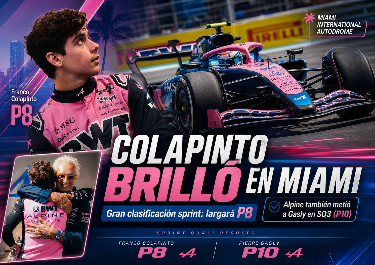 Franco Colapinto tuvo una gran clasificación para el sprint de Miami, se metió en SQ3, largará octavo y superó a Pierre Gasly