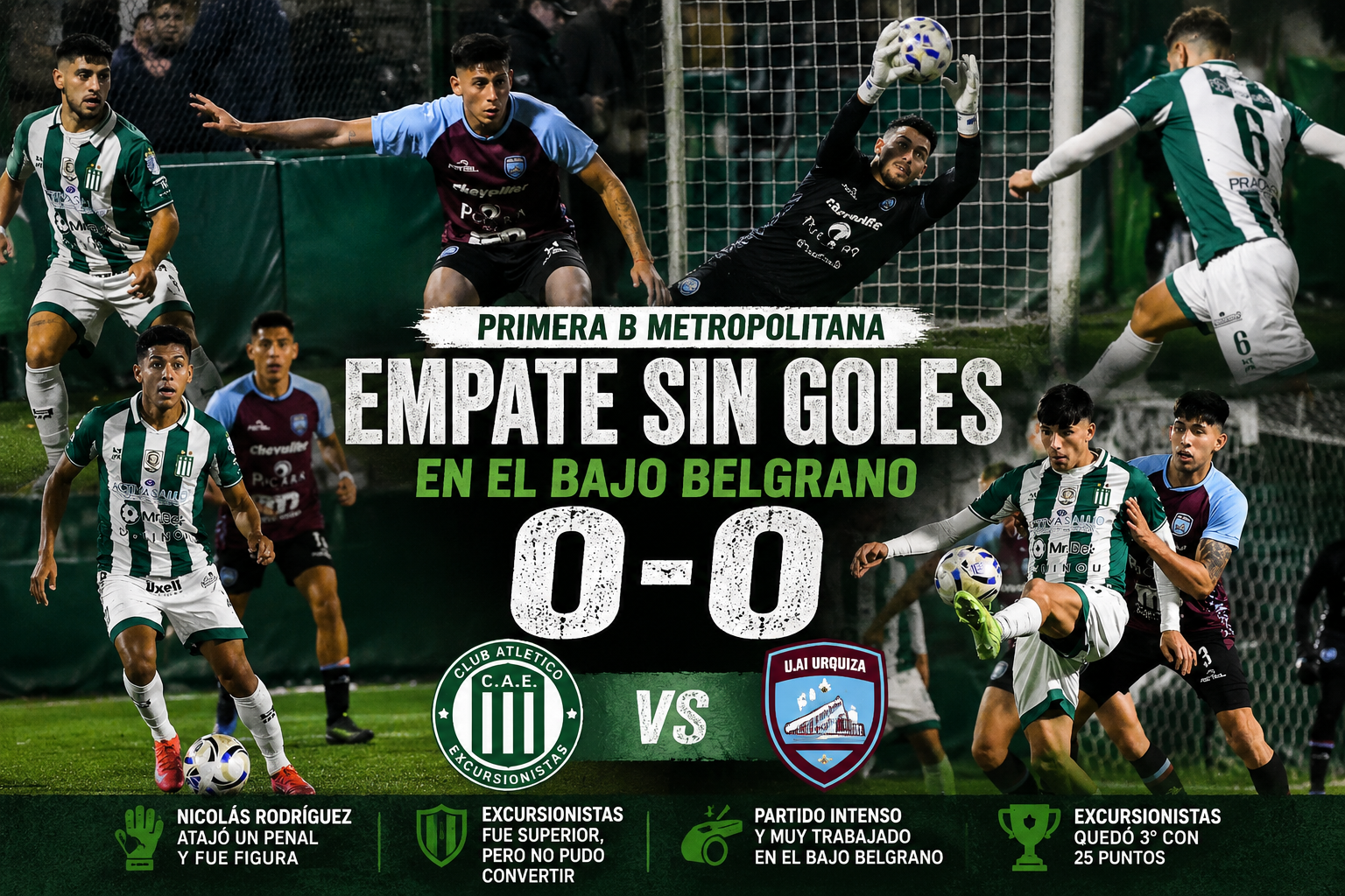 Excursionistas empató 0-0 ante UAI Urquiza en el Bajo Belgrano, dejó escapar puntos clave y Nicolás Rodríguez fue figura al atajar un penal.
