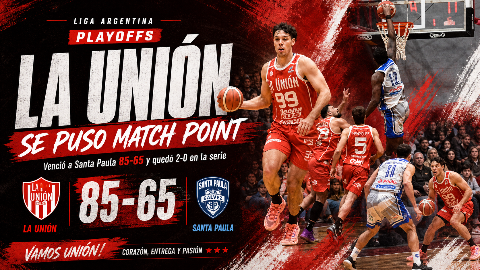 La Unión de Colón derrotó a Santa Paula por 85 a 65, puso la serie 2-0 y quedó match point en los cuartos de final de La Liga Argentina.