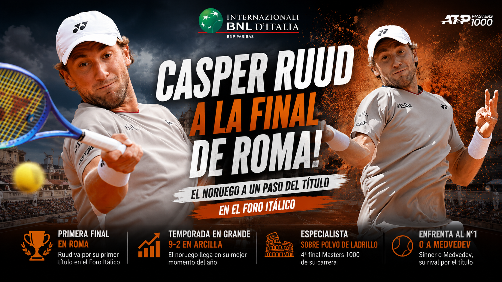 Casper Ruud en Roma venció a Luciano Darderi por 6-1 y 6-1, avanzó a la final y espera por Sinner o Medvedev.