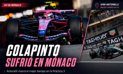 Franco Colapinto tuvo una tercera práctica complicada en el GP de Mónaco: trompo, daños en Alpine y 19° puesto. Kimi Antonelli el más rápido.
