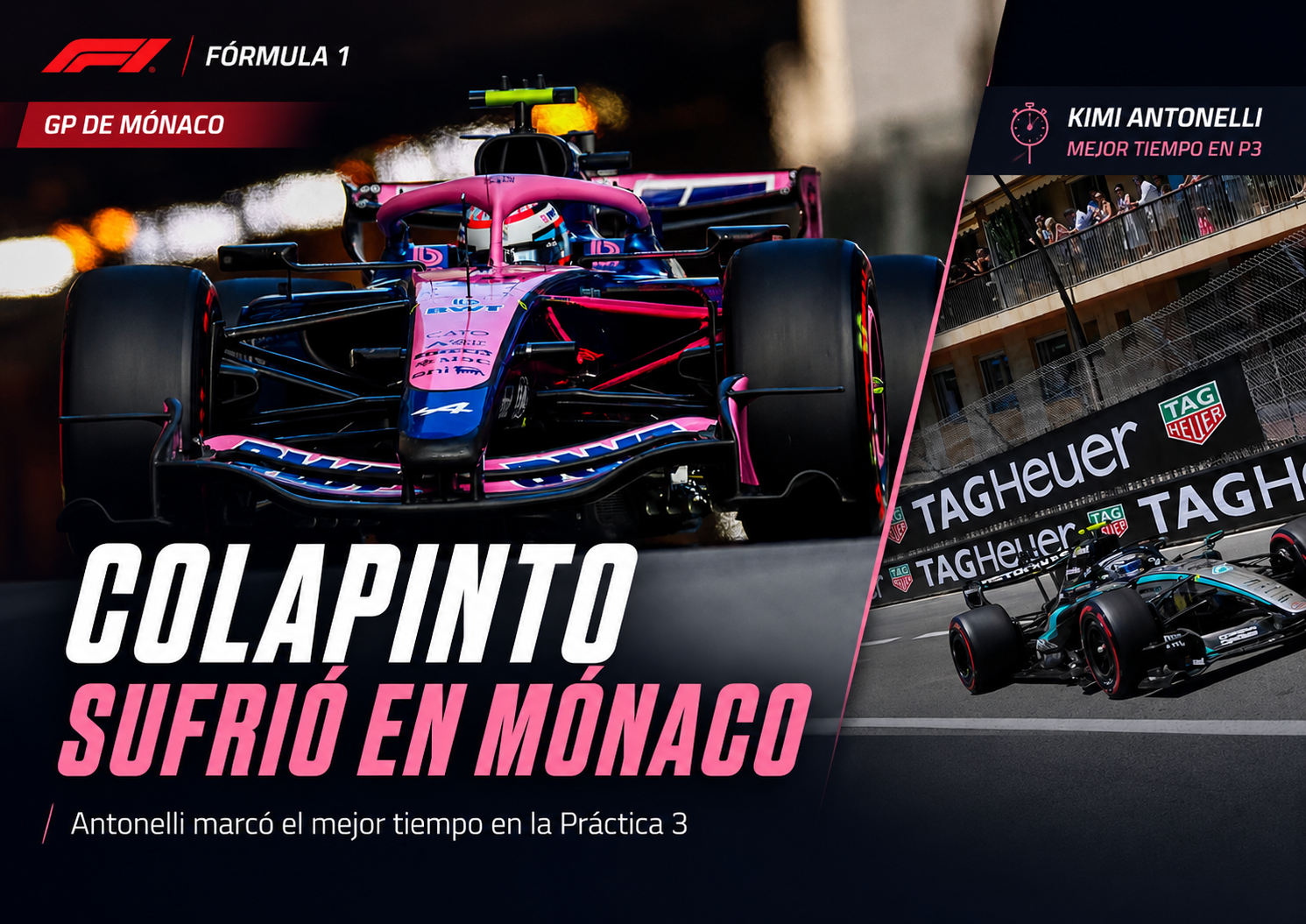 Franco Colapinto tuvo una tercera práctica complicada en el GP de Mónaco: trompo, daños en Alpine y 19° puesto. Kimi Antonelli el más rápido.