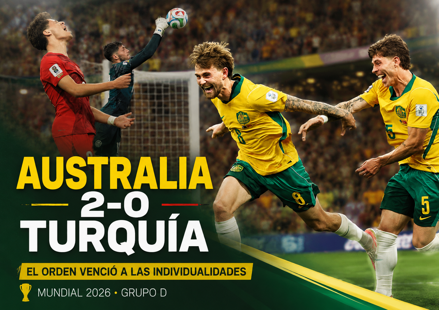 Australia venció 2-0 a Turquía en el Mundial 2026 con goles de Nestory Irankunda y Connor Metcalfe, en una noche donde Patrick Beach fue decisivo.