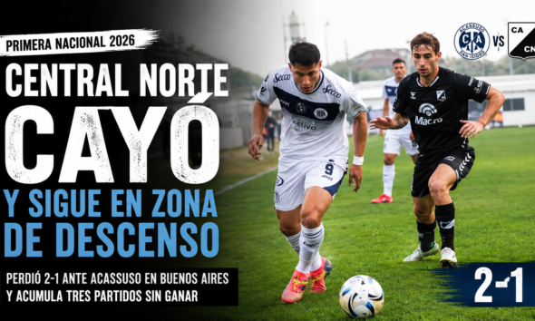 Central Norte cayó 2-1 ante Acassuso por la Primera Nacional 2026, no pudo sostener la ventaja inicial y sigue en zona de descenso