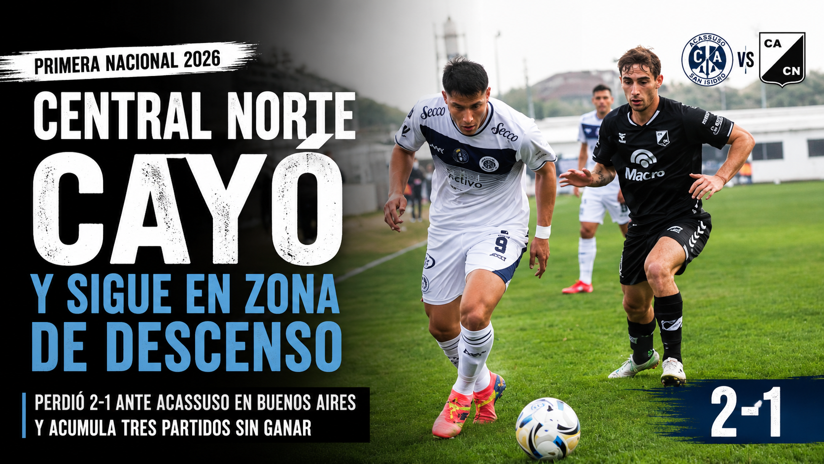Central Norte cayó 2-1 ante Acassuso por la Primera Nacional 2026, no pudo sostener la ventaja inicial y sigue en zona de descenso