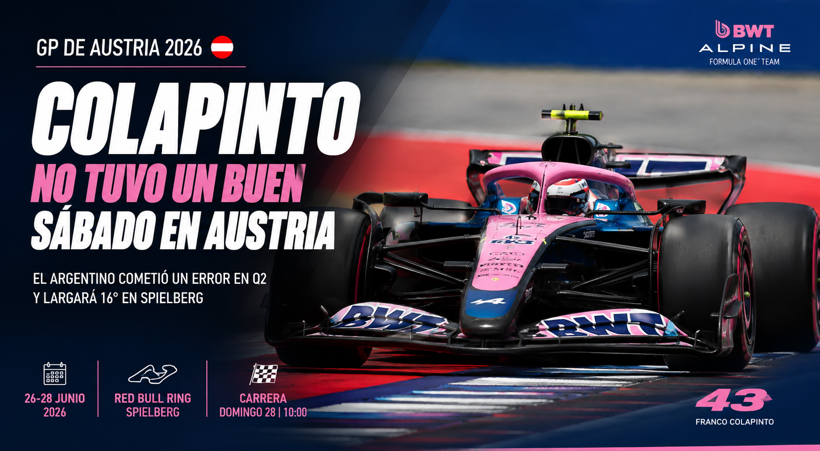 El piloto argentino cometió un error en Q2 y partirá desde el 16° puesto en el GP de Austria tras un sábado difícil para Alpine.