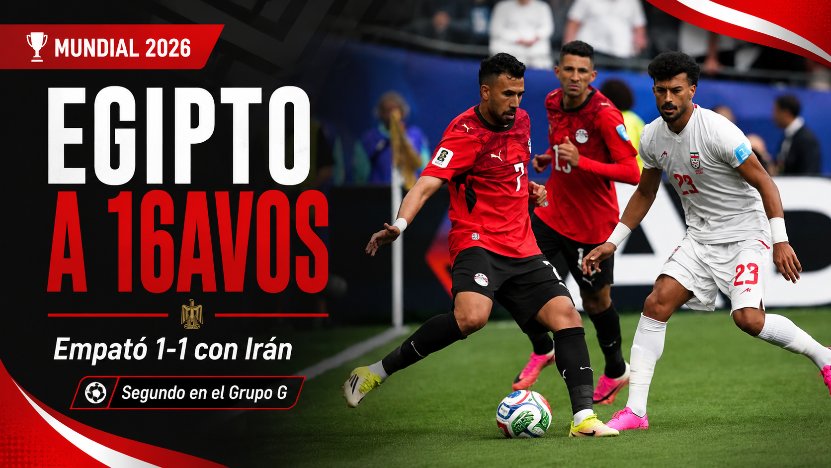 Egipto igualó 1-1 con Irán, sufrió hasta el final y avanzó a los 16avos del Mundial 2026 como segundo del Grupo G.