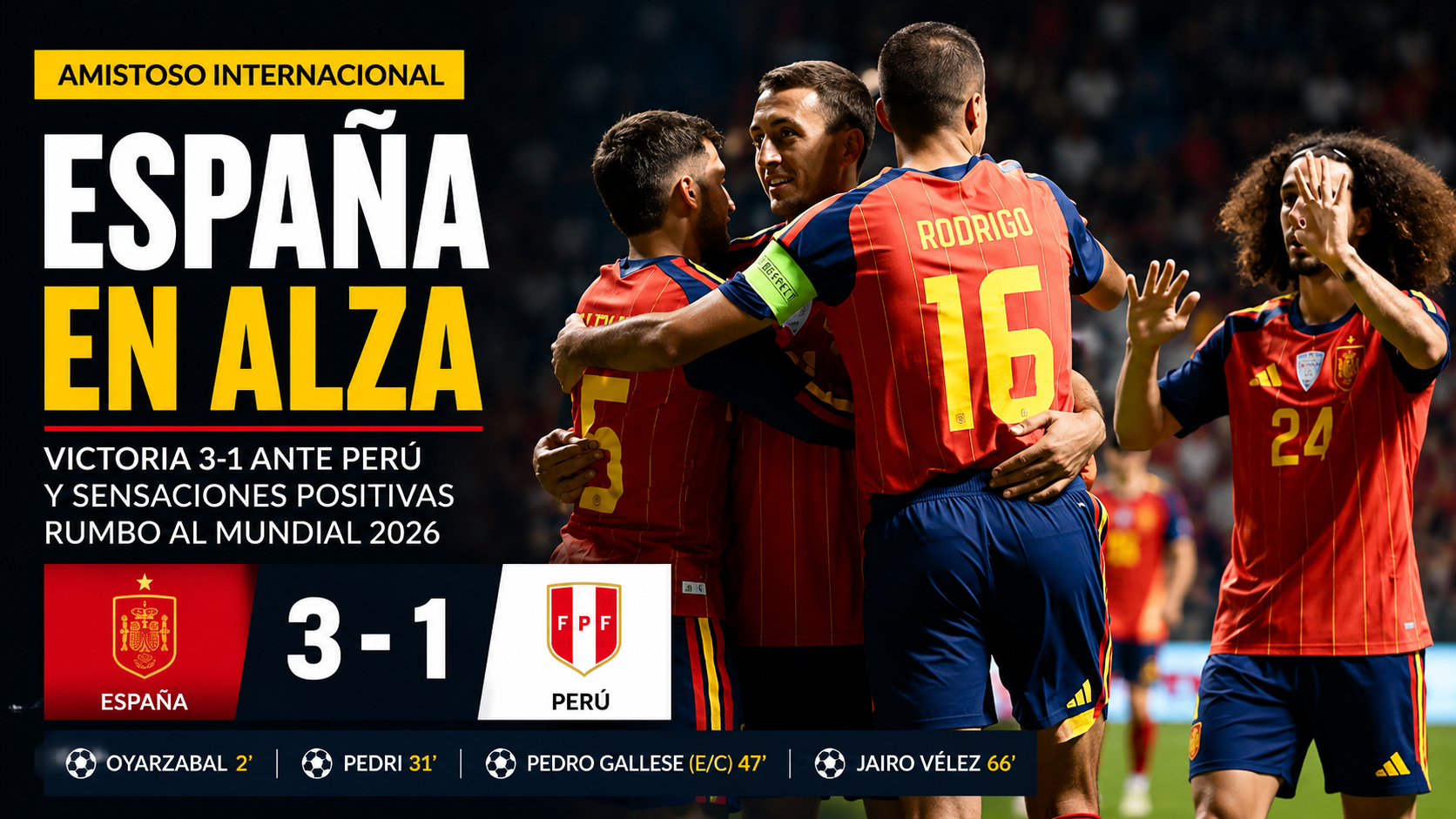 España derrotó 3-1 a Perú en Puebla y cerró su preparación para el Mundial 2026. Oyarzabal, Pedri y un gol en contra de Gallese marcaron para la Roja.