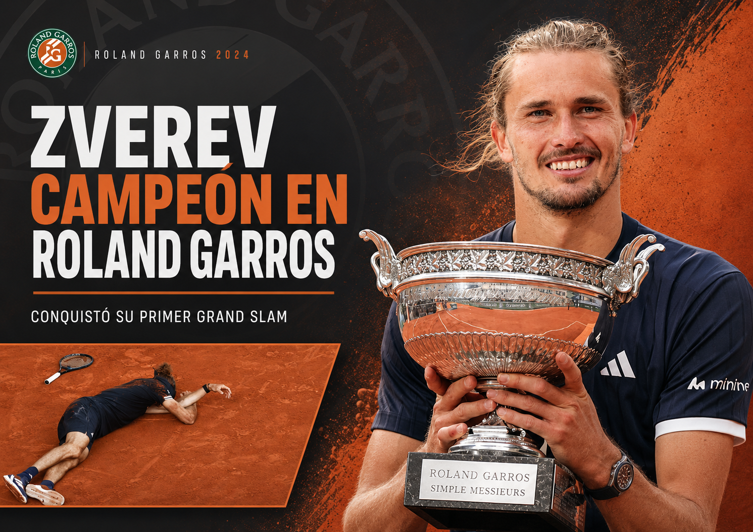 Alexander Zverev celebra el título de Roland Garros 2026 tras vencer a Flavio Cobolli en la final.