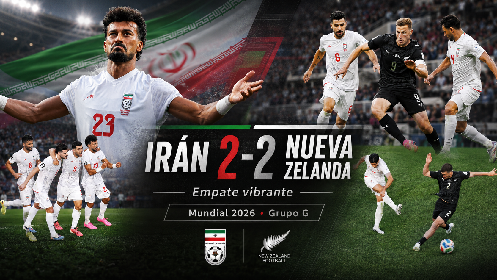 Irán y Nueva Zelanda empataron 2-2 en un partidazo del Grupo G, con Rezaeian como figura iraní y la dupla Wood-Just encendida para los oceánicos.