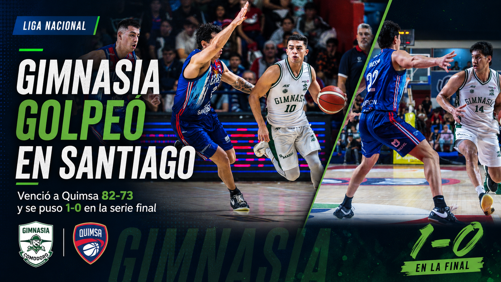 Gimnasia de Comodoro venció 82-73 a Quimsa en Santiago del Estero, ganó el primer juego de las Finales de La Liga Nacional y robó la localía.