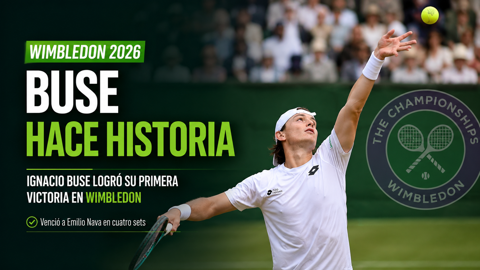 Ignacio Buse venció a Emilio Nava y estrenó su casillero de victorias en Wimbledon tras una sólida actuación en cuatro sets.