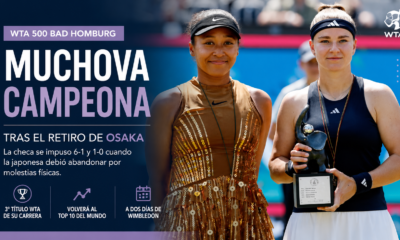 Karolina Muchova ganó el WTA 500 de Bad Homburg tras el retiro de Osaka cuando dominaba 6-1 y 1-0. La checa regresará al Top 10 mundial.