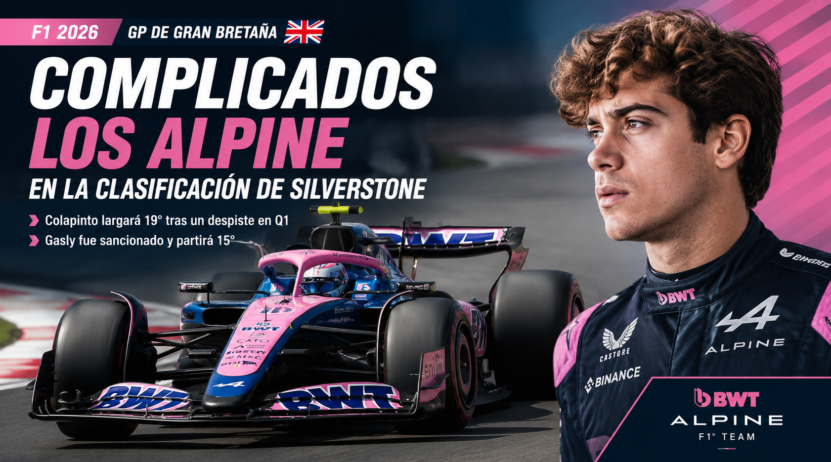 Alpine tuvo una clasificación complicada en Silverstone: Colapinto se despistó en Q1 y largará 19°, mientras Pierre Gasly fue sancionado.