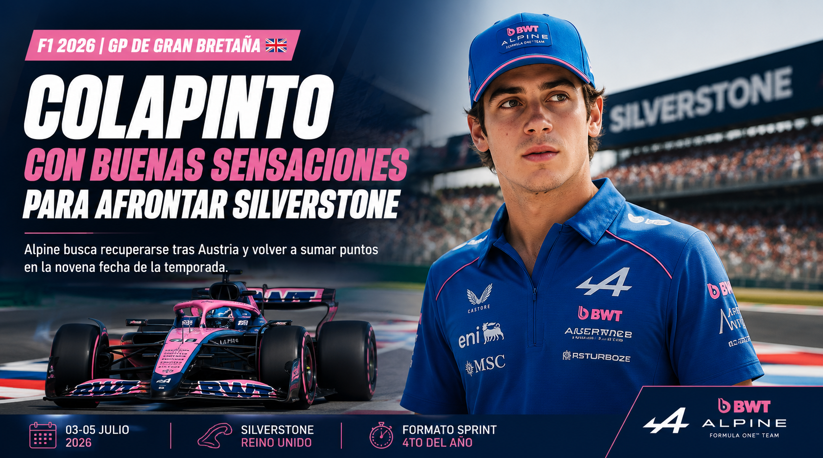 Colapinto buscará recuperarse en Silverstone tras Austria y volver a sumar puntos con Alpine en la novena fecha de la Fórmula 1 2026.